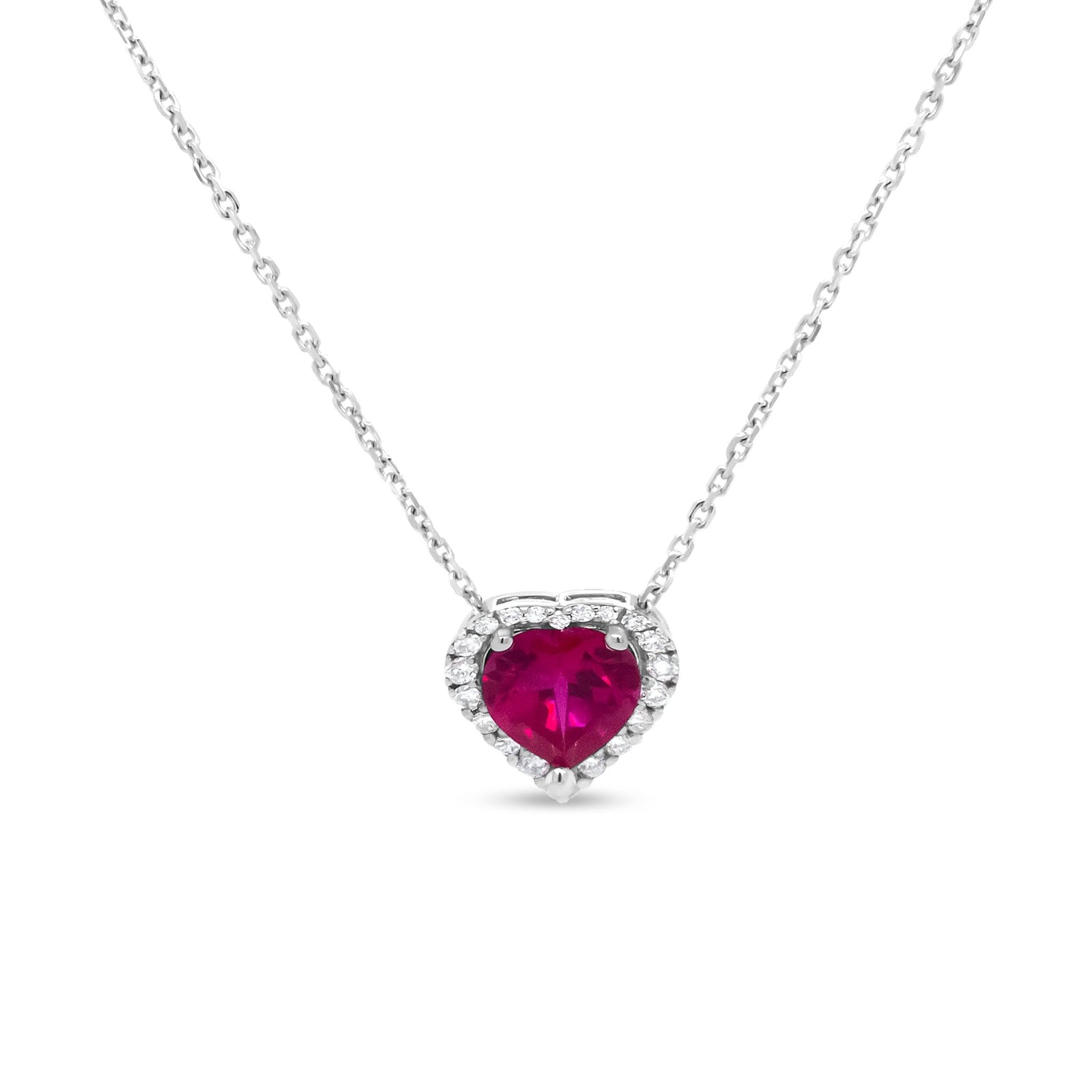 18K White Gold 1/5 Cttw Diamond and 6.7 x 7mm Heart-Shaped Ruby Halo 18" Pendant Necklace (G-H Color, I1-I2 Clarity) - LinkagejewelrydesignLinkagejewelrydesign