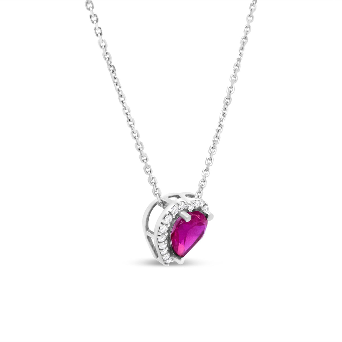 18K White Gold 1/5 Cttw Diamond and 6.7 x 7mm Heart-Shaped Ruby Halo 18&quot; Pendant Necklace (G-H Color, I1-I2 Clarity) - LinkagejewelrydesignLinkagejewelrydesign
