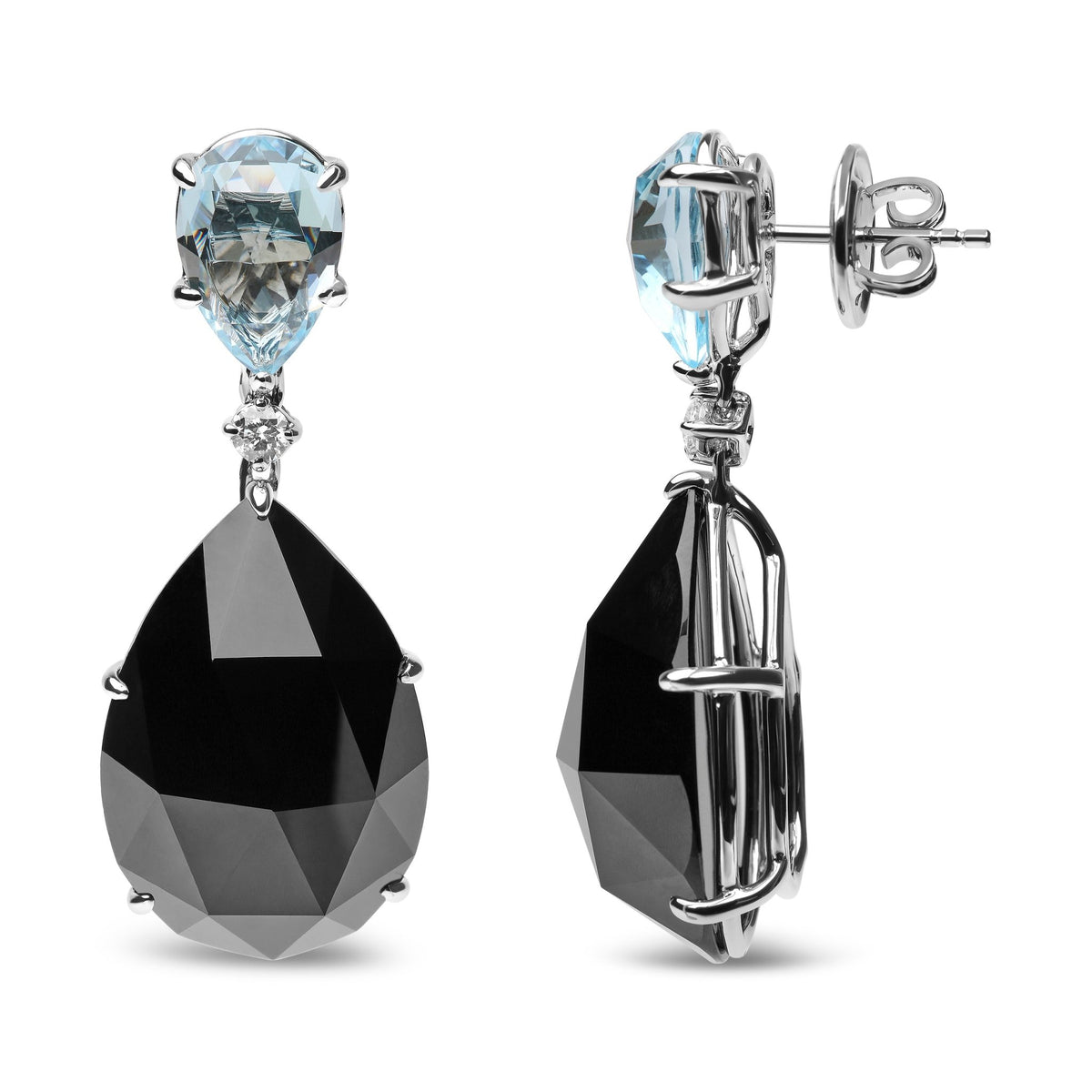 18K White Gold 1/5 Cttw Diamond with Pear Cut Sky Blue Topaz and Pear-Cut Black Onyx Gemstone Dangle Earring (G-H Color, SI1-SI2 Clarity) - LinkagejewelrydesignLinkagejewelrydesign