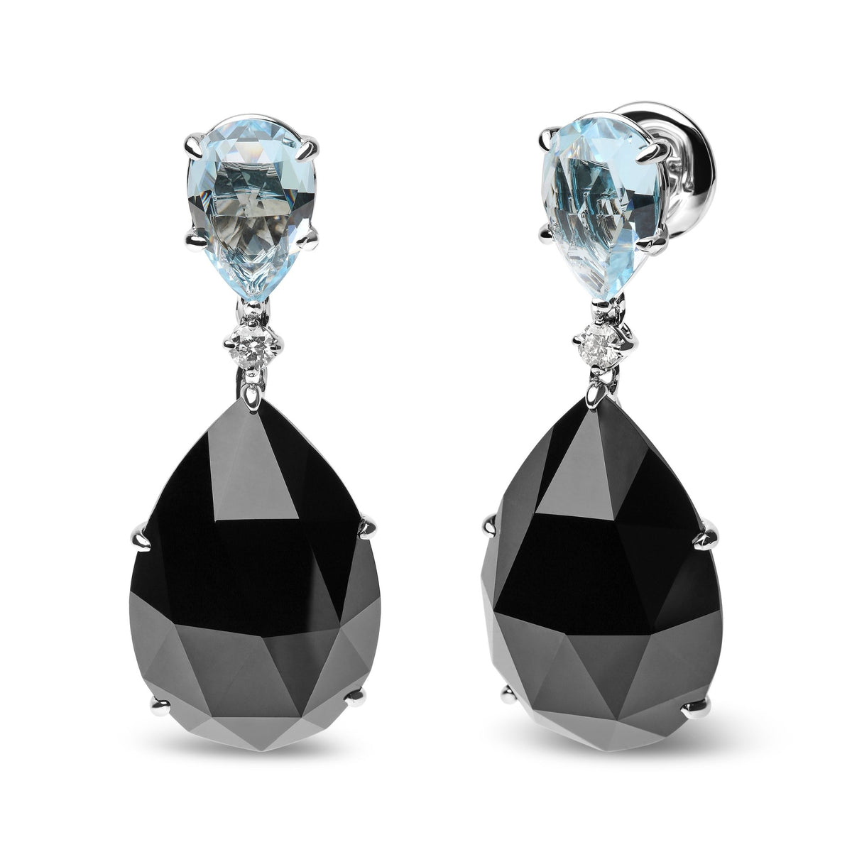 18K White Gold 1/5 Cttw Diamond with Pear Cut Sky Blue Topaz and Pear-Cut Black Onyx Gemstone Dangle Earring (G-H Color, SI1-SI2 Clarity) - LinkagejewelrydesignLinkagejewelrydesign