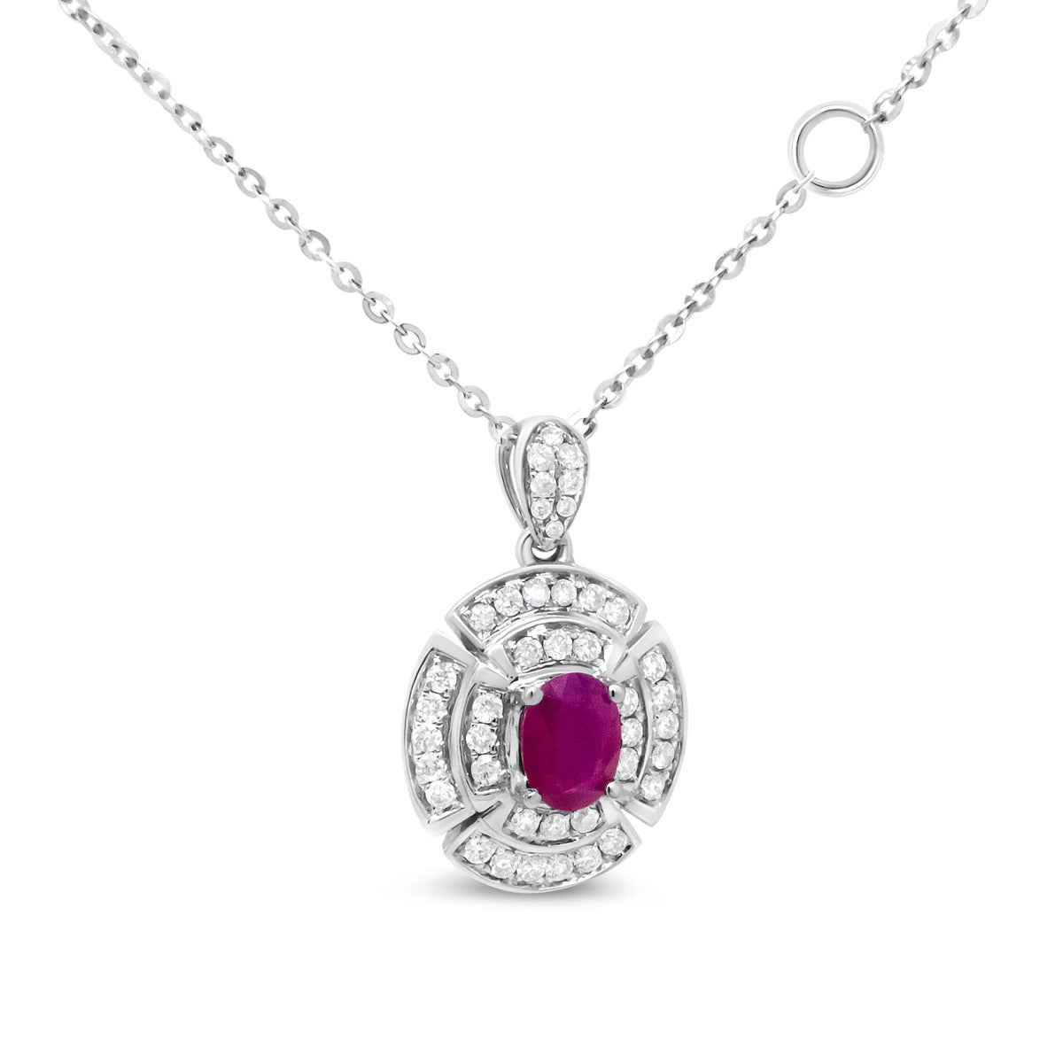 18K White Gold 1/5 Cttw Round Diamond and 5x3.5mm Red Ruby Double Halo 18&quot; Pendant Necklace (G-H Color, I1-I2 Clarity) - LinkagejewelrydesignLinkagejewelrydesign