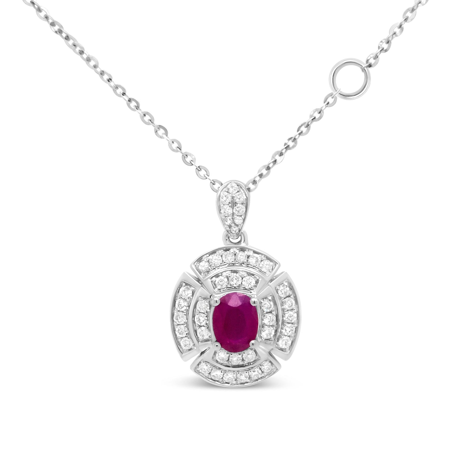 18K White Gold 1/5 Cttw Round Diamond and 5x3.5mm Red Ruby Double Halo 18" Pendant Necklace (G-H Color, I1-I2 Clarity) - LinkagejewelrydesignLinkagejewelrydesign