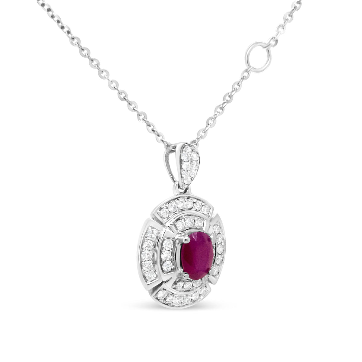 18K White Gold 1/5 Cttw Round Diamond and 5x3.5mm Red Ruby Double Halo 18&quot; Pendant Necklace (G-H Color, I1-I2 Clarity) - LinkagejewelrydesignLinkagejewelrydesign