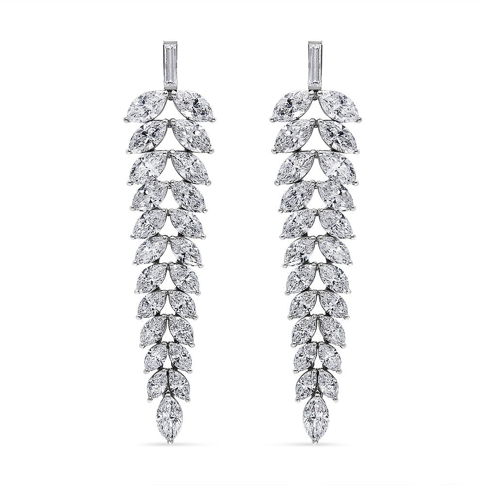 18K White Gold 16.00 Cttw Marquise and Baguette Diamond Leaf Shape Chandelier Drop and Dangle Stud Earrings (F-G Color, VS2-SI1 Clarity) - LinkagejewelrydesignLinkagejewelrydesign