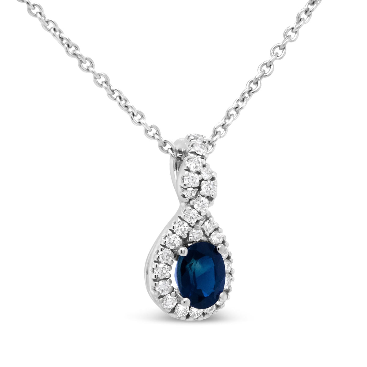 18K White Gold 1/7 Cttw Diamond and 4.5x3.5mm Oval Blue Sapphire Teardrop-Shaped 18&quot; Pendant Necklace (G-H Color, SI1-SI2 Clarity) - LinkagejewelrydesignLinkagejewelrydesign