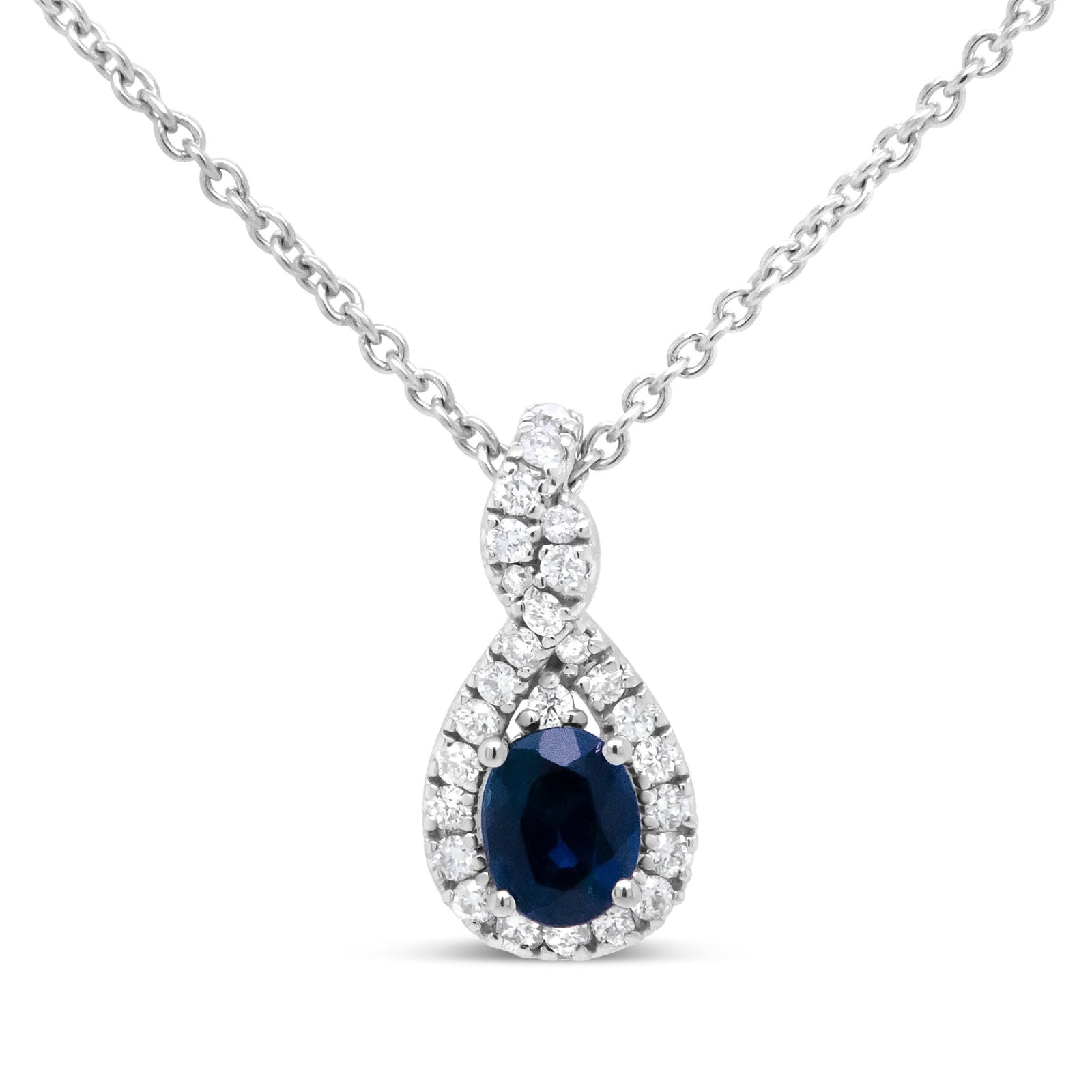 18K White Gold 1/7 Cttw Diamond and 4.5x3.5mm Oval Blue Sapphire Teardrop-Shaped 18" Pendant Necklace (G-H Color, SI1-SI2 Clarity) - LinkagejewelrydesignLinkagejewelrydesign