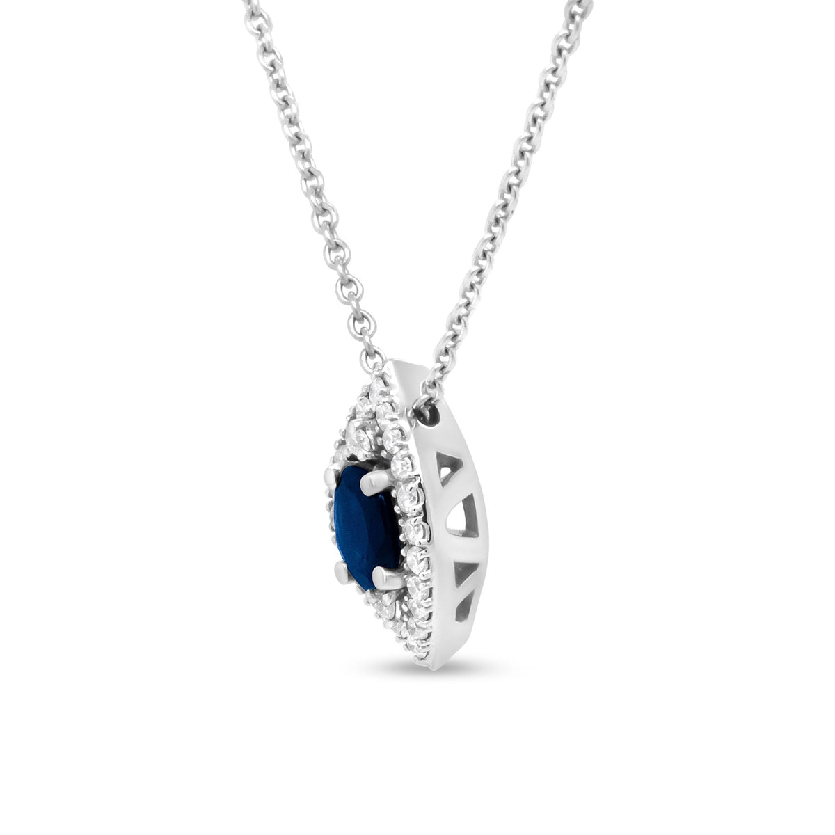18K White Gold 1/7 Cttw Round Diamond and 5x4mm Oval Blue Sapphire Marquise-Shaped Halo Leaf 18&quot; Pendant Necklace (G-H Color, SI1-SI2 Clarity) - LinkagejewelrydesignLinkagejewelrydesign