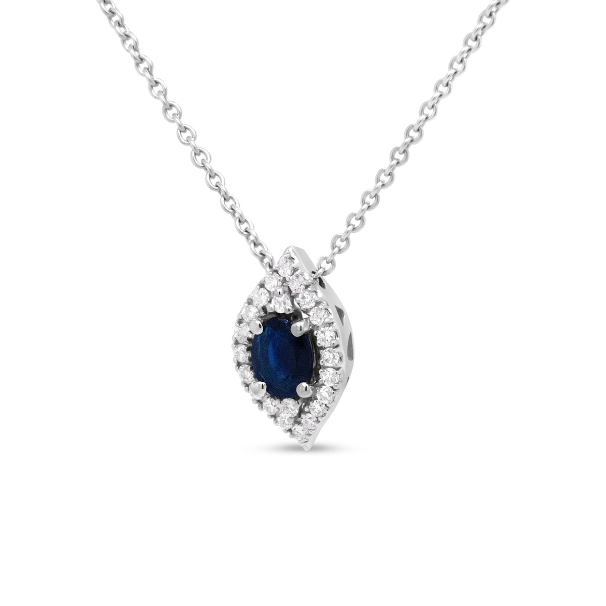 18K White Gold 1/7 Cttw Round Diamond and 5x4mm Oval Blue Sapphire Marquise-Shaped Halo Leaf 18&quot; Pendant Necklace (G-H Color, SI1-SI2 Clarity) - LinkagejewelrydesignLinkagejewelrydesign