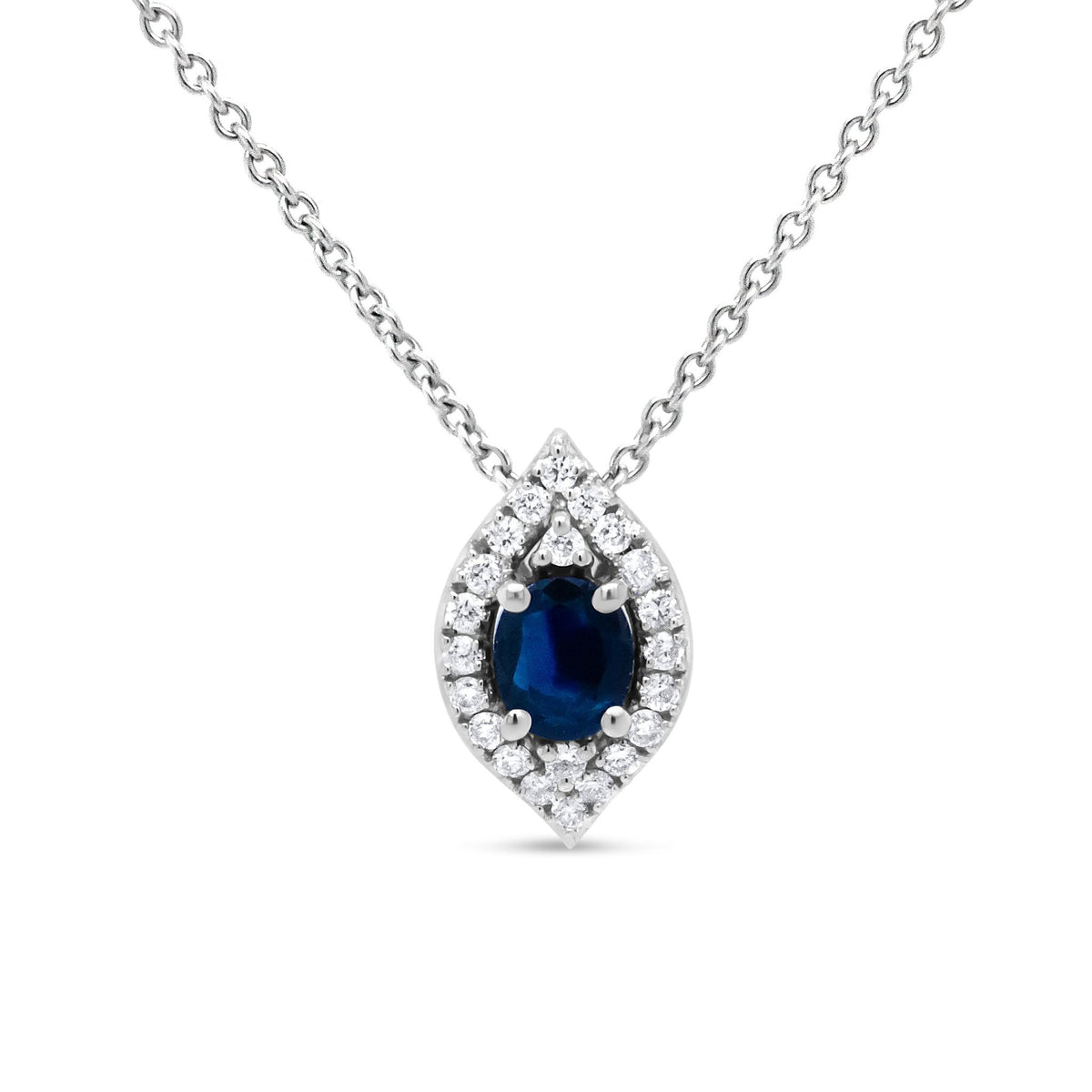 18K White Gold 1/7 Cttw Round Diamond and 5x4mm Oval Blue Sapphire Marquise-Shaped Halo Leaf 18&quot; Pendant Necklace (G-H Color, SI1-SI2 Clarity) - LinkagejewelrydesignLinkagejewelrydesign