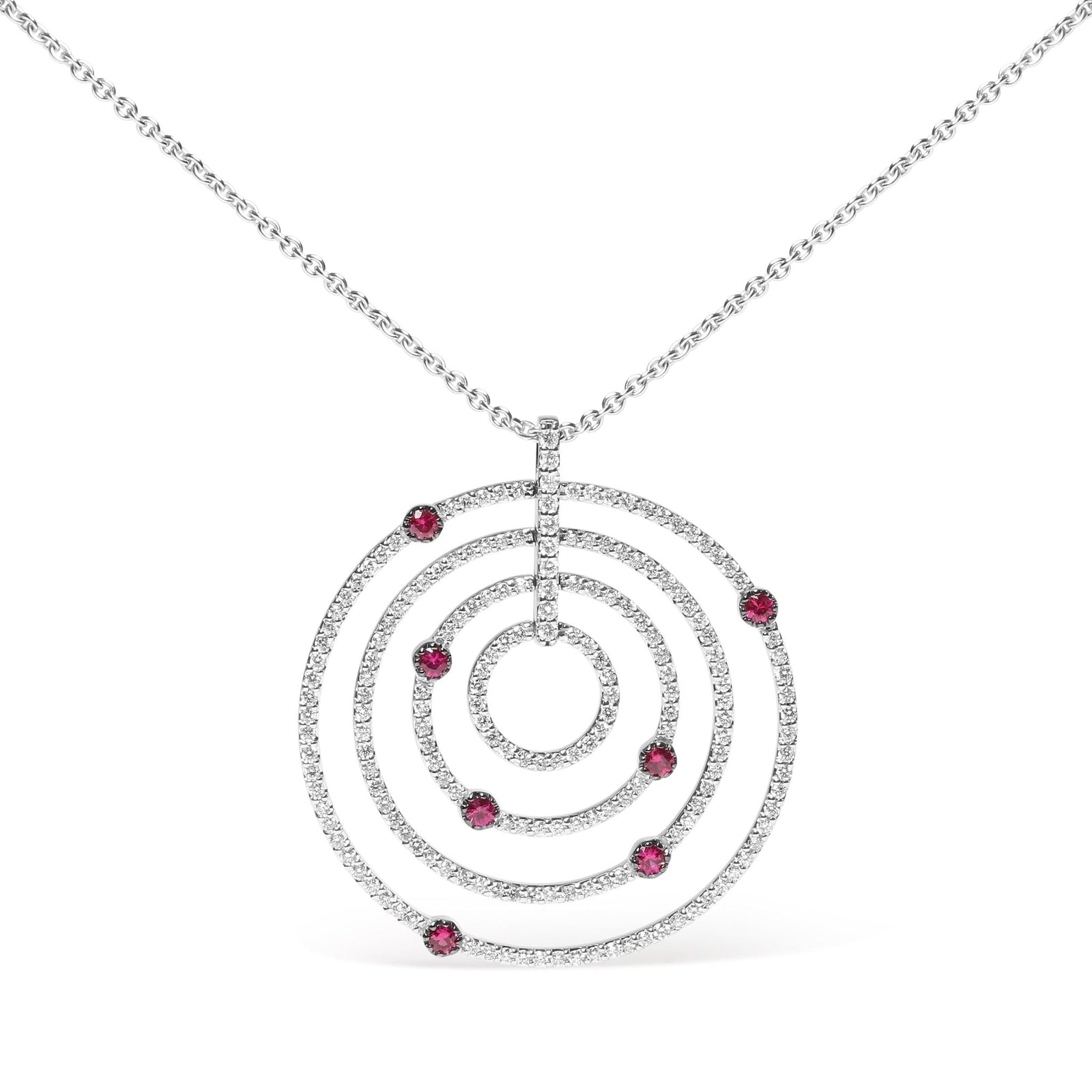 18K White Gold 2 1/6 Cttw Pave Set Diamonds and Red Ruby Openwork Circles 18" Pendant Necklace (G-H Color, SI2-I1 Clarity) - Adjustable up to 16" - 18" - LinkagejewelrydesignLinkagejewelrydesign