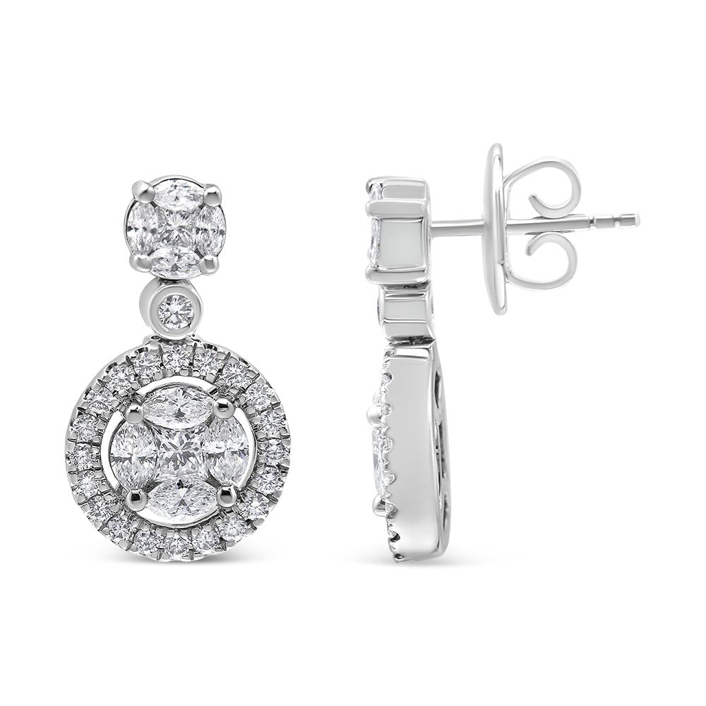 18K White Gold 2.0 Cttw Round Shape Diamond Composite Halo Dangle Stud Earring (F-G Color, VS1-VS2 Clarity) - LinkagejewelrydesignLinkagejewelrydesign