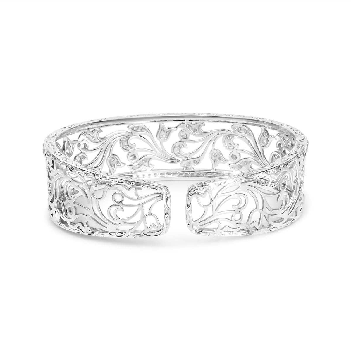 18K White Gold 3 1/4 Cttw Pave Diamond Openwork Floral Filigree Swirl Bangle Cuff Bracelet (H-I Color, VS2-SI1 Clarity) - LinkagejewelrydesignLinkagejewelrydesign