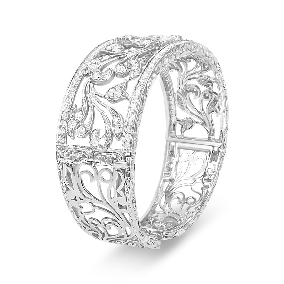 18K White Gold 3 1/4 Cttw Pave Diamond Openwork Floral Filigree Swirl Bangle Cuff Bracelet (H-I Color, VS2-SI1 Clarity) - LinkagejewelrydesignLinkagejewelrydesign