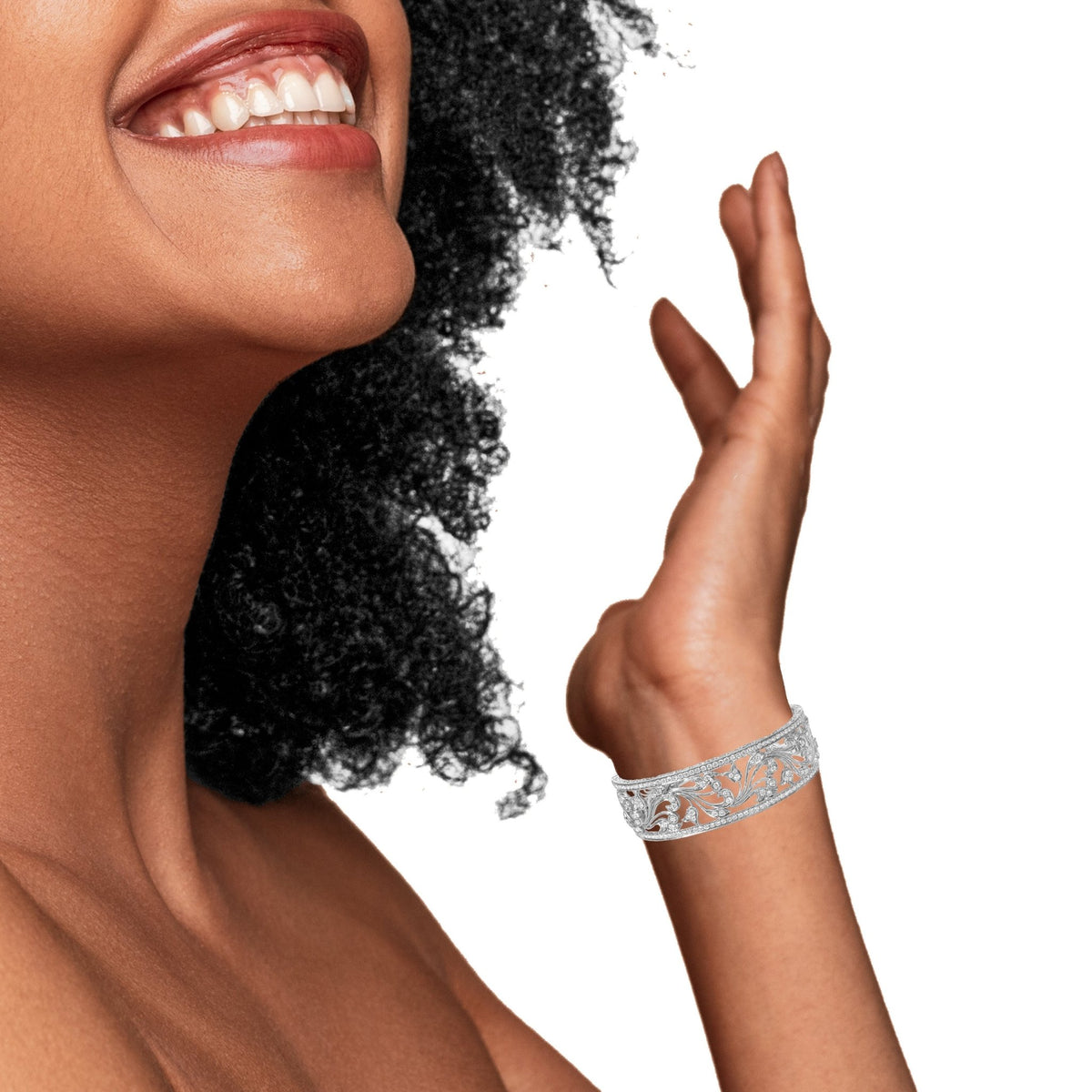 18K White Gold 3 1/4 Cttw Pave Diamond Openwork Floral Filigree Swirl Bangle Cuff Bracelet (H-I Color, VS2-SI1 Clarity) - LinkagejewelrydesignLinkagejewelrydesign