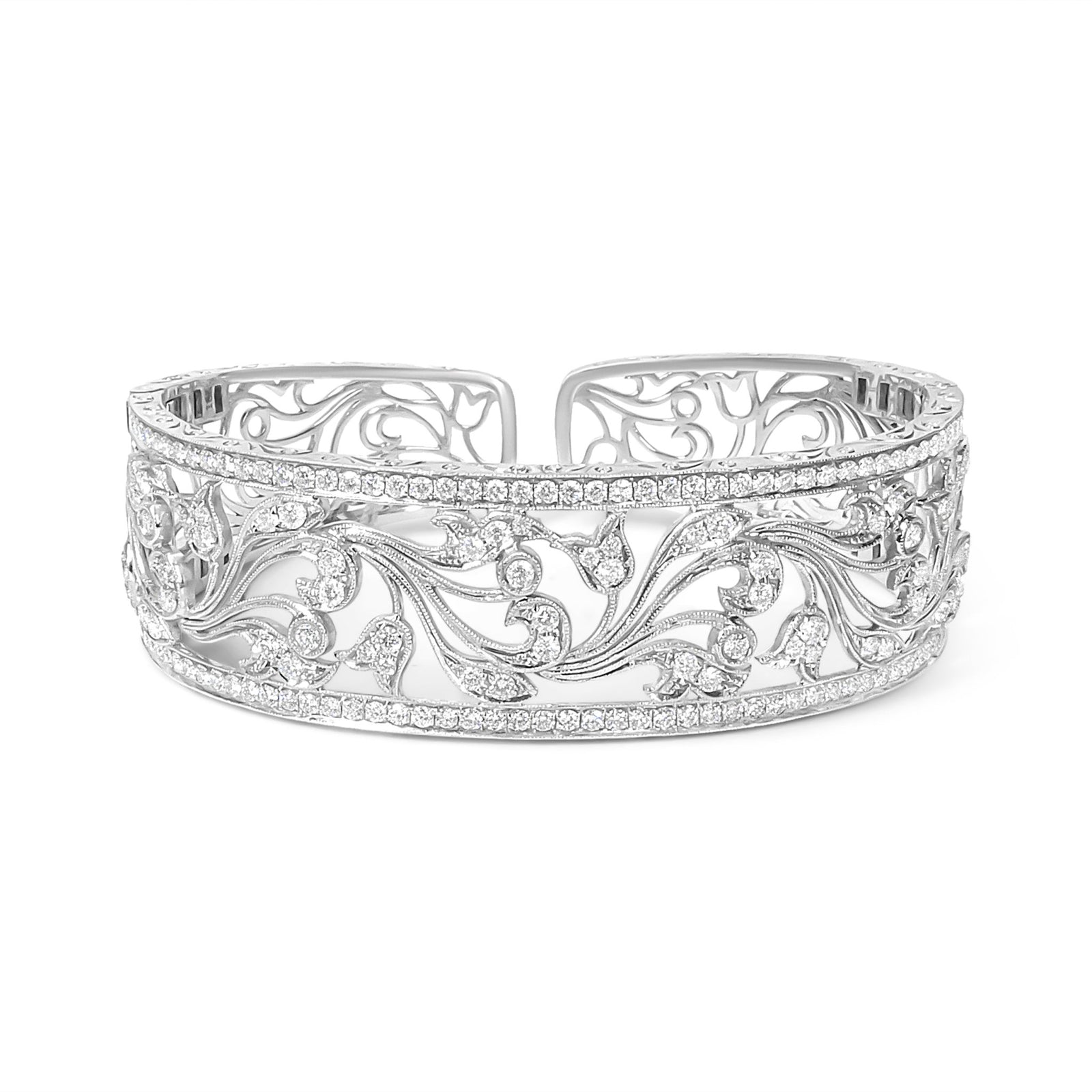 18K White Gold 3 1/4 Cttw Pave Diamond Openwork Floral Filigree Swirl Bangle Cuff Bracelet (H-I Color, VS2-SI1 Clarity) - LinkagejewelrydesignLinkagejewelrydesign