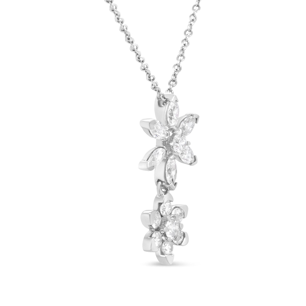18K White Gold 3/4 Cttw Round and Marquise Diamond Double Flower 18&quot; Pendant Necklace (F-G Color, VS2-SI1 Clarity) - LinkagejewelrydesignLinkagejewelrydesign