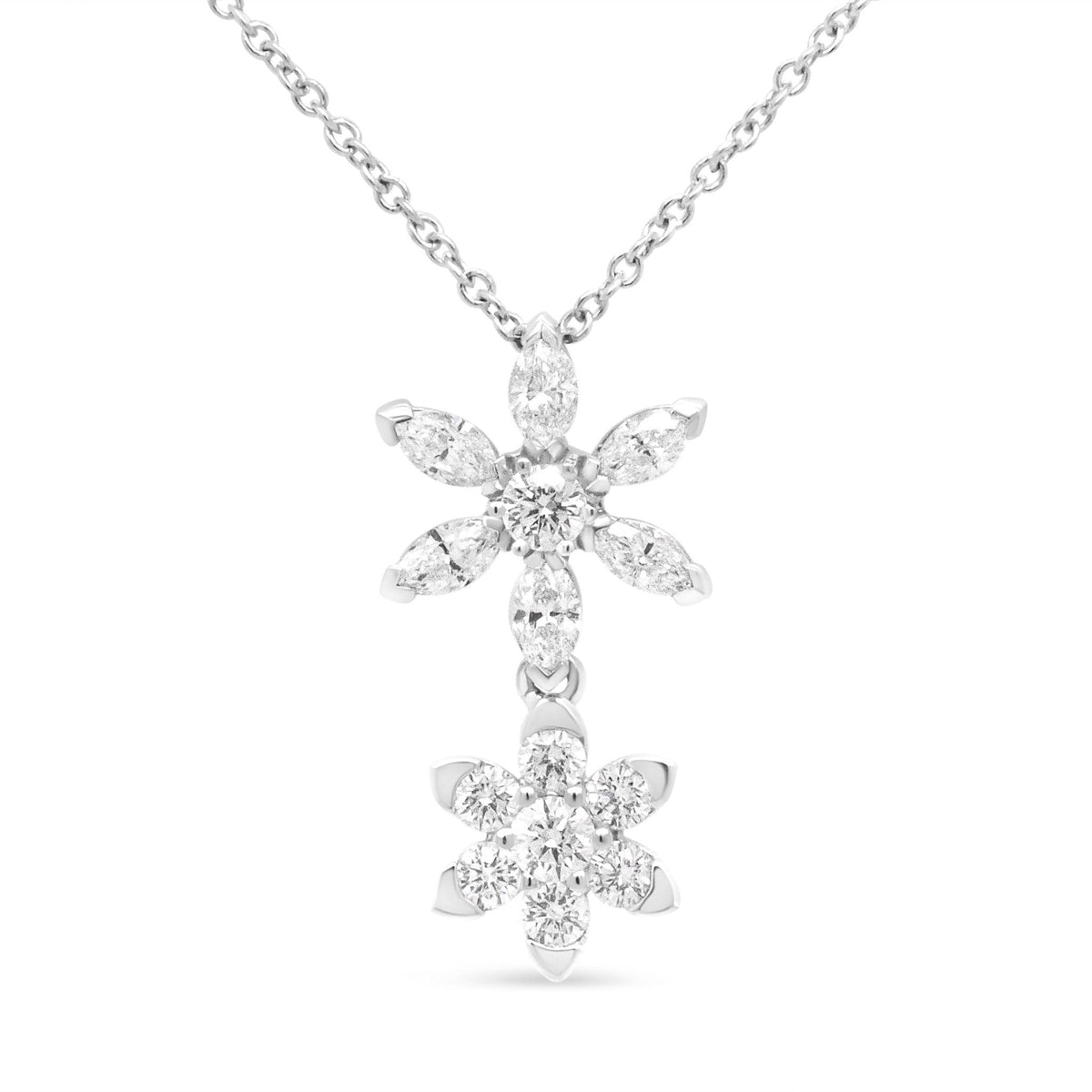 18K White Gold 3/4 Cttw Round and Marquise Diamond Double Flower 18&quot; Pendant Necklace (F-G Color, VS2-SI1 Clarity) - LinkagejewelrydesignLinkagejewelrydesign