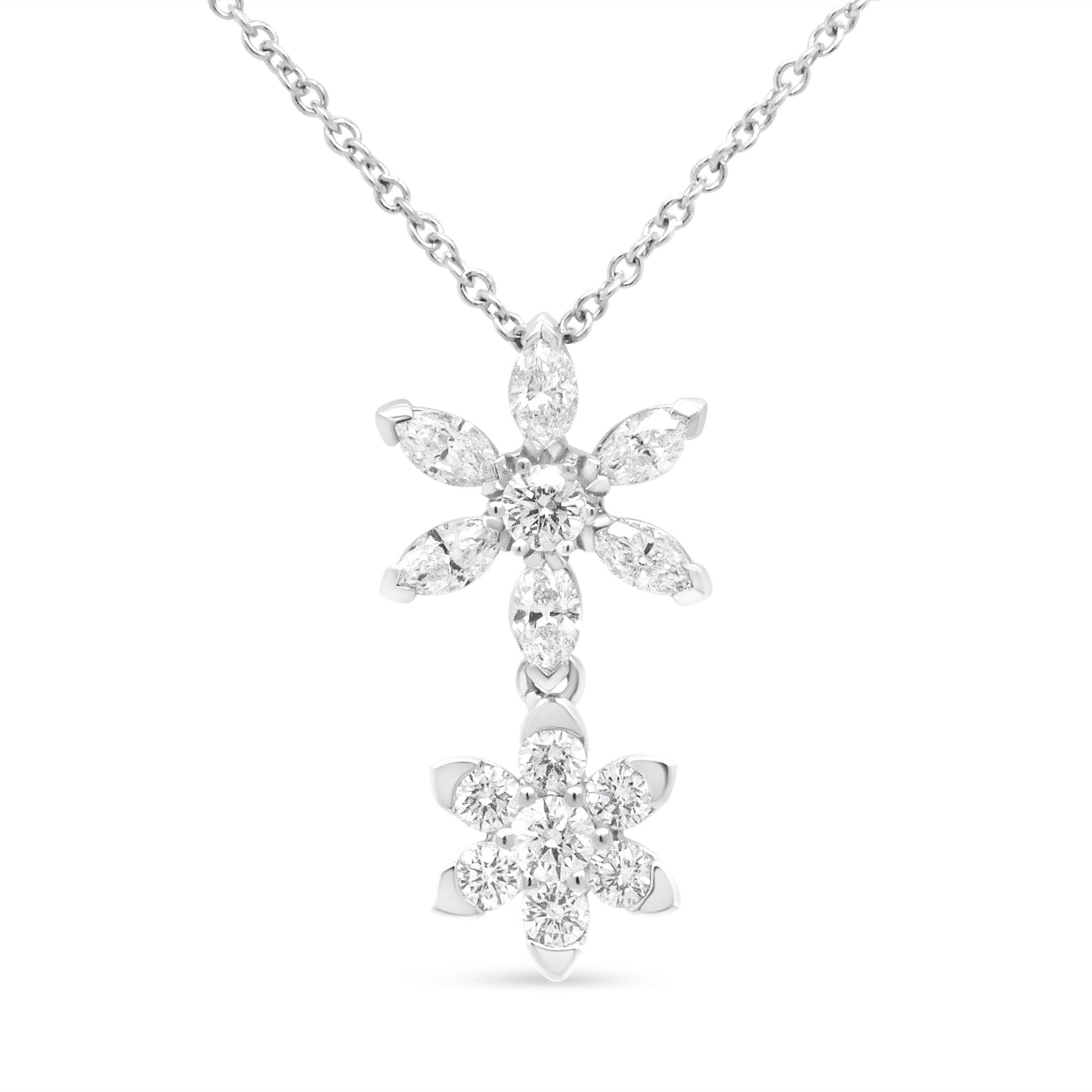 18K White Gold 3/4 Cttw Round and Marquise Diamond Double Flower 18" Pendant Necklace (F-G Color, VS2-SI1 Clarity) - LinkagejewelrydesignLinkagejewelrydesign