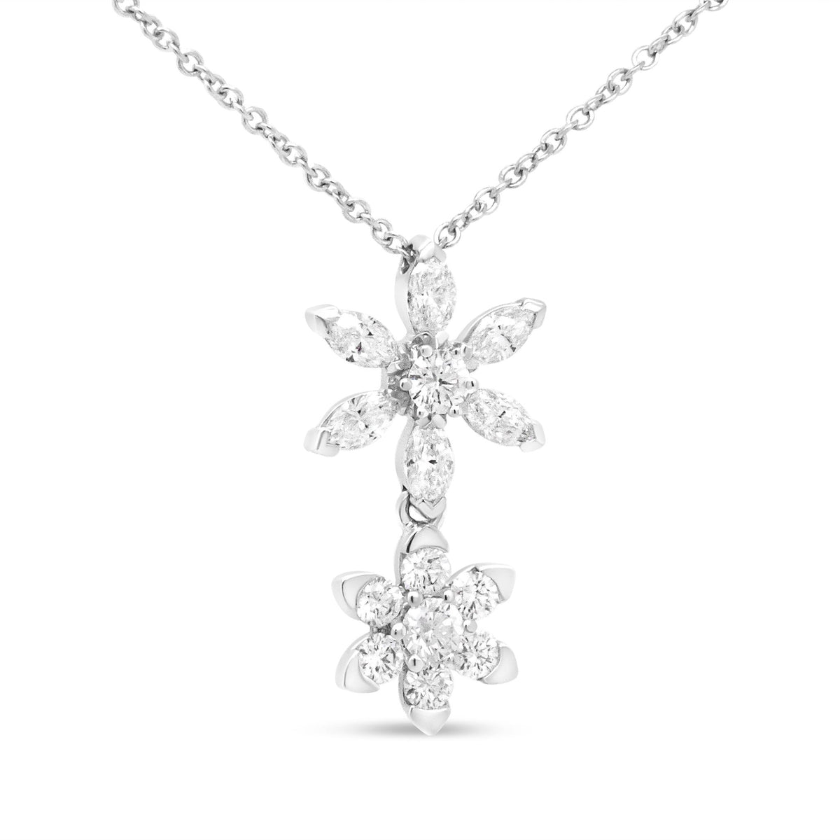 18K White Gold 3/4 Cttw Round and Marquise Diamond Double Flower 18&quot; Pendant Necklace (F-G Color, VS2-SI1 Clarity) - LinkagejewelrydesignLinkagejewelrydesign