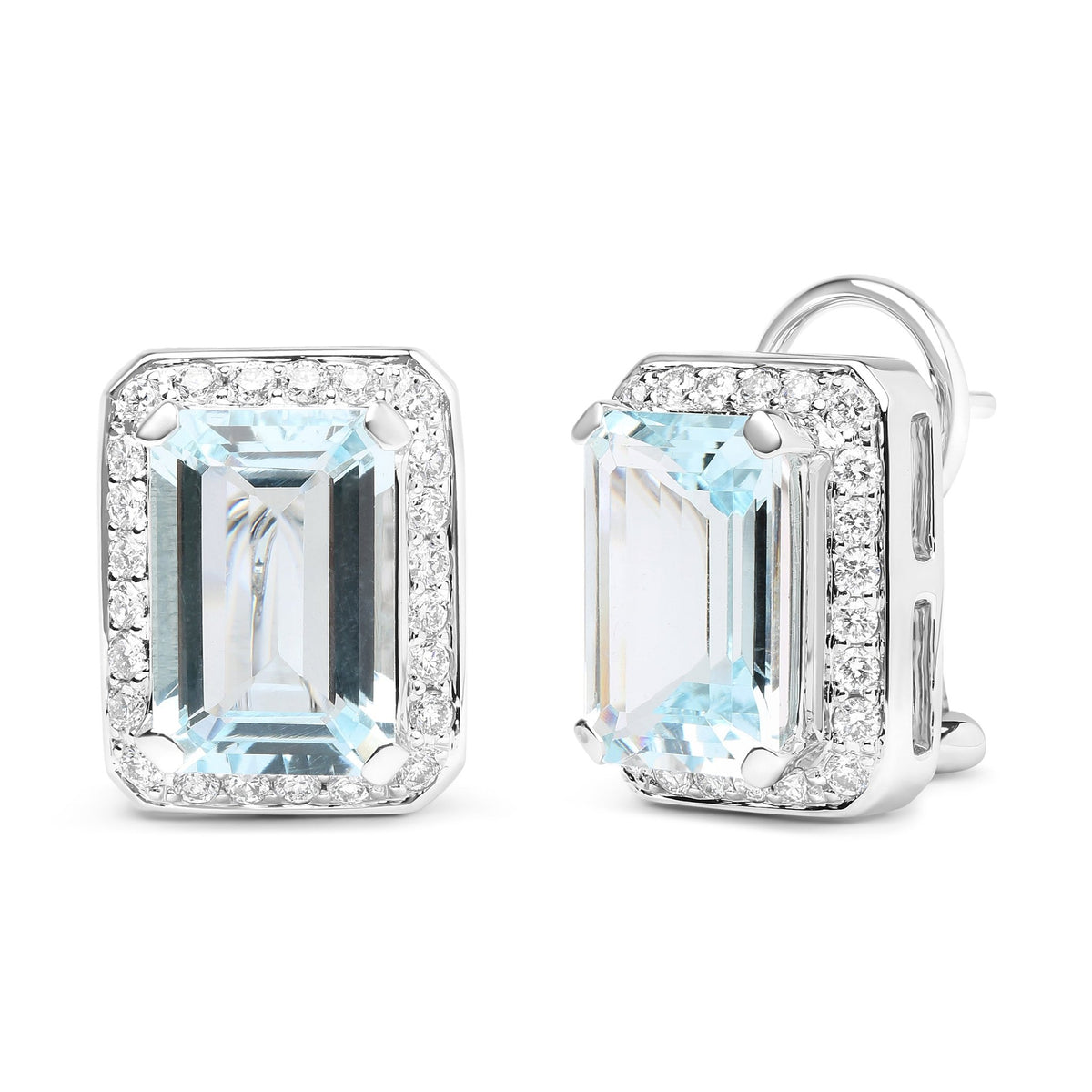 18K White Gold 3/4 Cttw Round Diamond and 13x9mm Emerald Cut Blue Aquamarine Gemstone Halo Omega Stud Earrings (G-H Color, SI1-SI2 Clarity) - LinkagejewelrydesignLinkagejewelrydesign