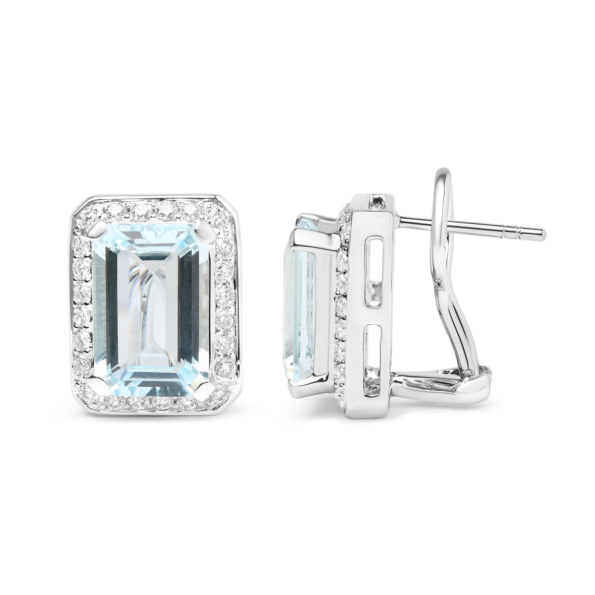 18K White Gold 3/4 Cttw Round Diamond and 13x9mm Emerald Cut Blue Aquamarine Gemstone Halo Omega Stud Earrings (G-H Color, SI1-SI2 Clarity) - LinkagejewelrydesignLinkagejewelrydesign