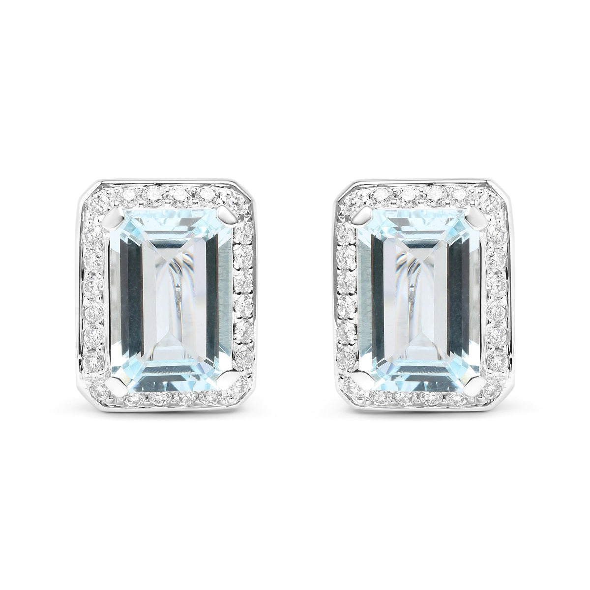 18K White Gold 3/4 Cttw Round Diamond and 13x9mm Emerald Cut Blue Aquamarine Gemstone Halo Omega Stud Earrings (G-H Color, SI1-SI2 Clarity) - LinkagejewelrydesignLinkagejewelrydesign