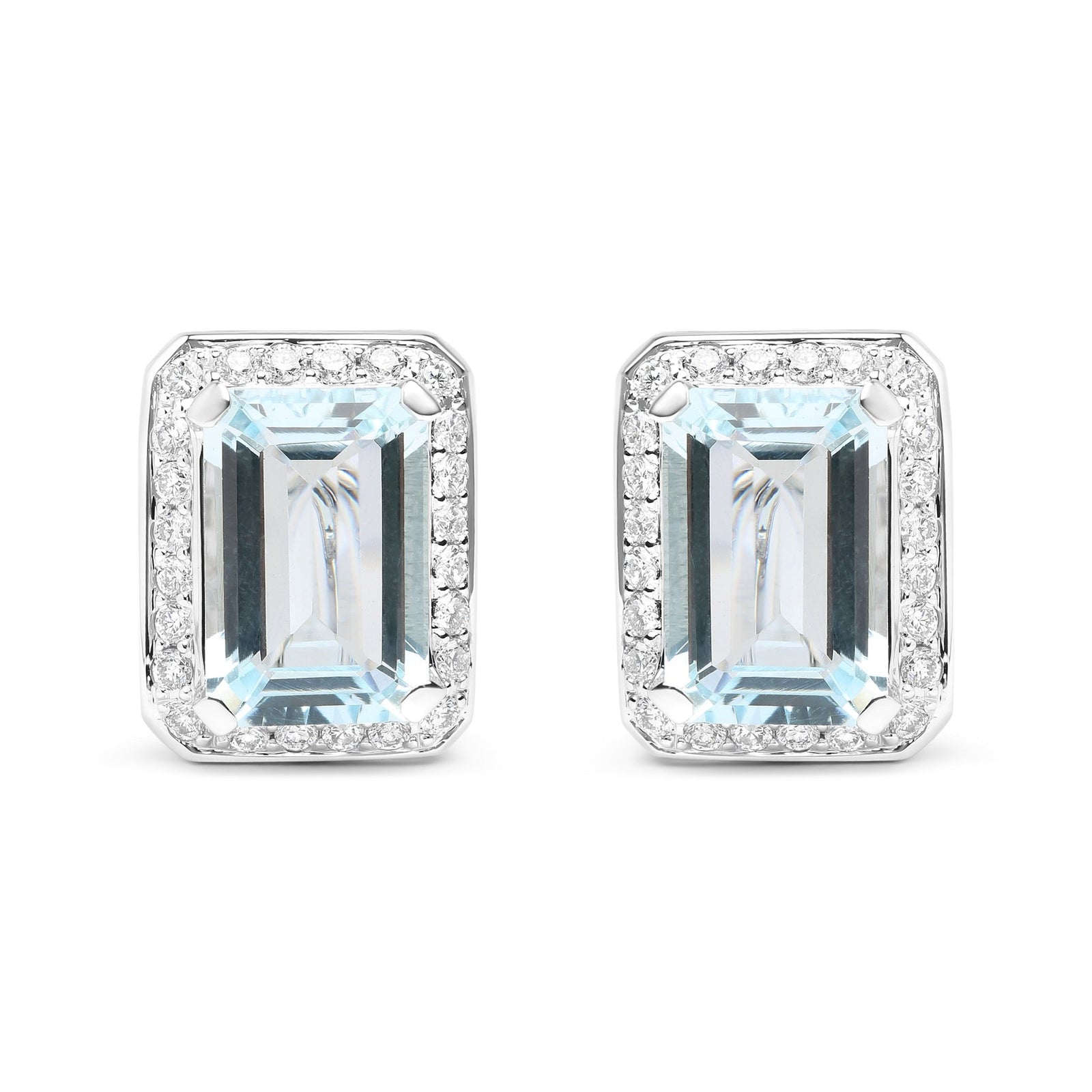 18K White Gold 3/4 Cttw Round Diamond and 13x9mm Emerald Cut Blue Aquamarine Gemstone Halo Omega Stud Earrings (G-H Color, SI1-SI2 Clarity) - LinkagejewelrydesignLinkagejewelrydesign