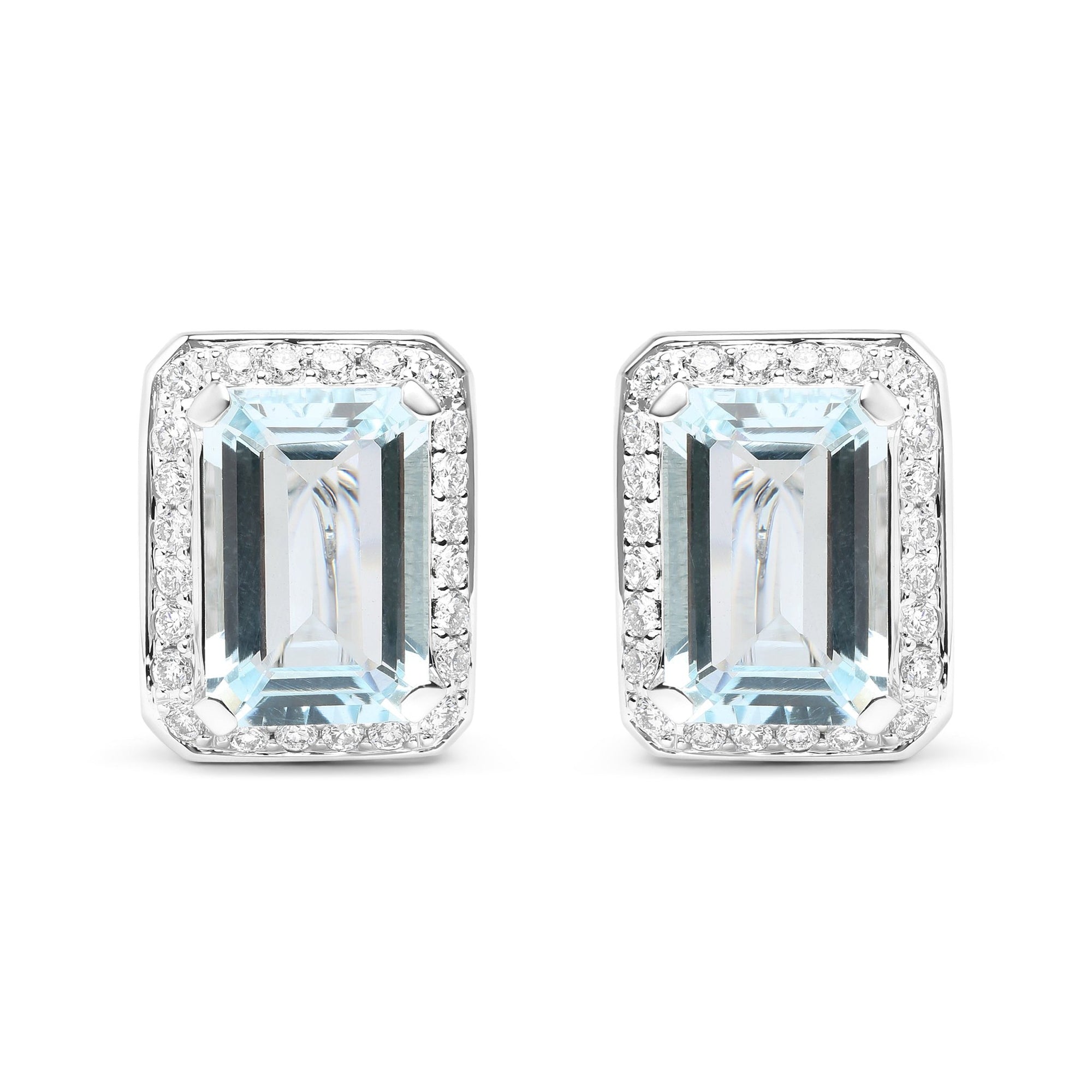 18K White Gold 3/4 Cttw Round Diamond and 13x9mm Emerald Cut Blue Aquamarine Gemstone Halo Omega Stud Earrings (G-H Color, SI1-SI2 Clarity) - LinkagejewelrydesignLinkagejewelrydesign