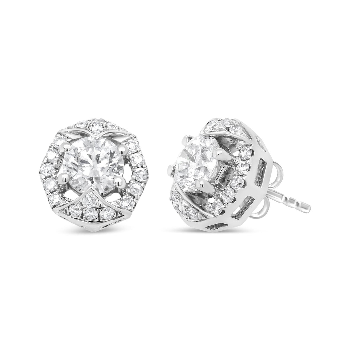 18K White Gold 3/4 Cttw Round Diamond Openwork Hexagonal Halo Stud Earring (F-G Color, SI2-I1 Clarity) - LinkagejewelrydesignLinkagejewelrydesign