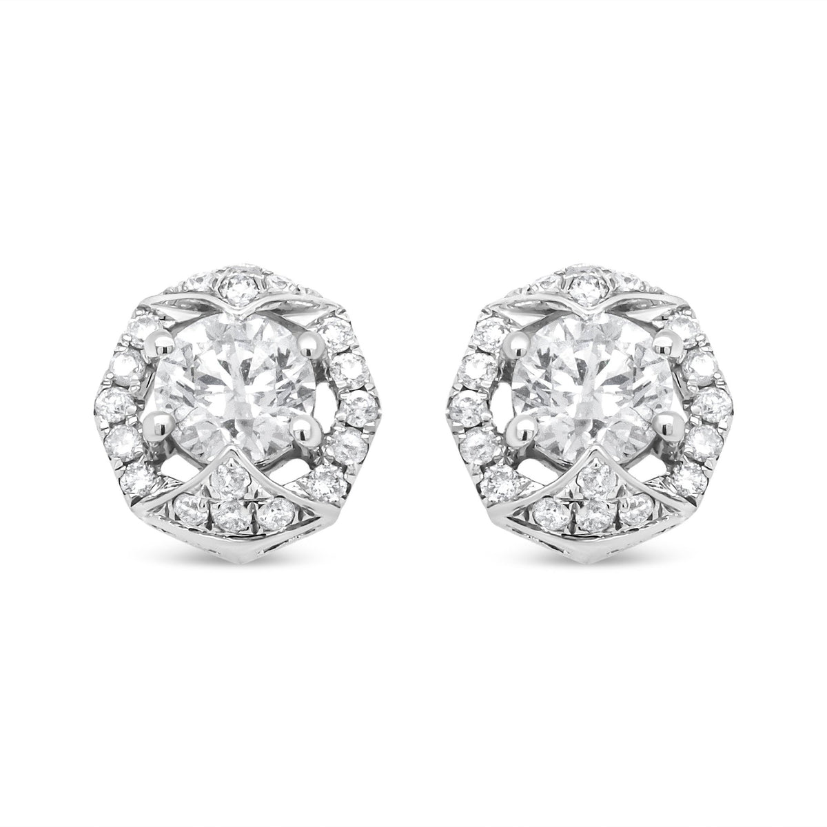 18K White Gold 3/4 Cttw Round Diamond Openwork Hexagonal Halo Stud Earring (F-G Color, SI2-I1 Clarity) - LinkagejewelrydesignLinkagejewelrydesign