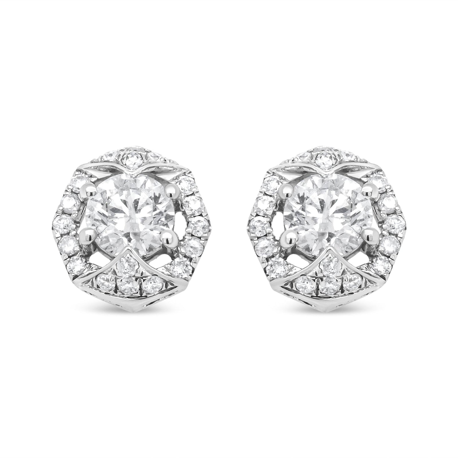 18K White Gold 3/4 Cttw Round Diamond Openwork Hexagonal Halo Stud Earring (F-G Color, SI2-I1 Clarity) - LinkagejewelrydesignLinkagejewelrydesign