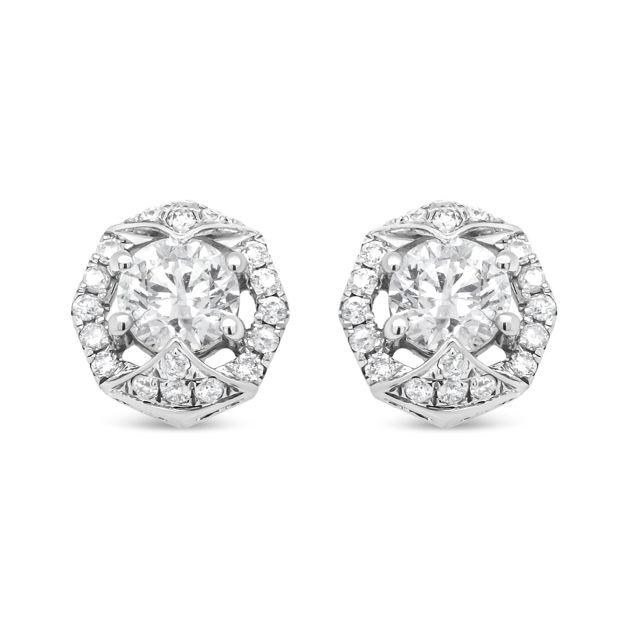 18K White Gold 3/4 Cttw Round Diamond Openwork Hexagonal Halo Stud Earring (F-G Color, SI2-I1 Clarity) - LinkagejewelrydesignLinkagejewelrydesign