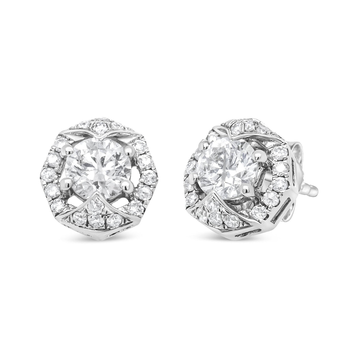 18K White Gold 3/4 Cttw Round Diamond Openwork Hexagonal Halo Stud Earring (F-G Color, SI2-I1 Clarity) - LinkagejewelrydesignLinkagejewelrydesign