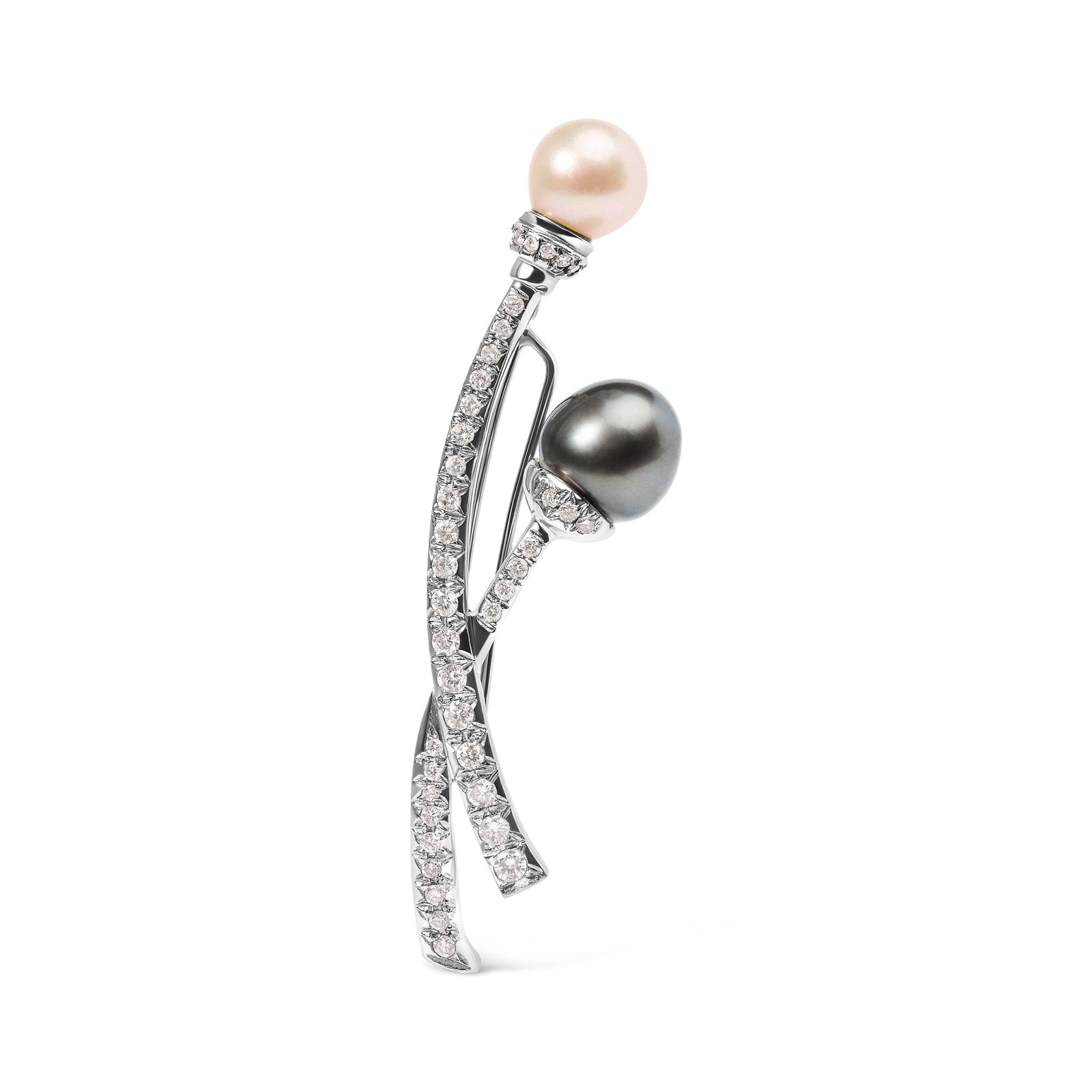 18K White Gold 3/5 Cttw Diamond and Cultured South Sea Black and White Pearl Brooch Pin (H-I Color, VS1-VS2 Clarity) - LinkagejewelrydesignLinkagejewelrydesign