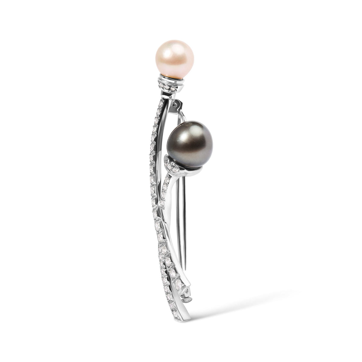 18K White Gold 3/5 Cttw Diamond and Cultured South Sea Black and White Pearl Brooch Pin (H-I Color, VS1-VS2 Clarity) - LinkagejewelrydesignLinkagejewelrydesign