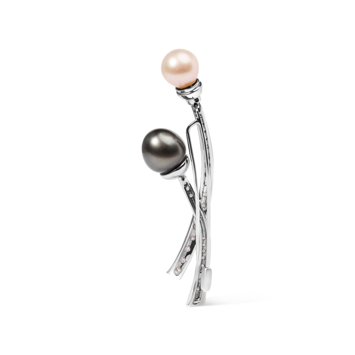 18K White Gold 3/5 Cttw Diamond and Cultured South Sea Black and White Pearl Brooch Pin (H-I Color, VS1-VS2 Clarity) - LinkagejewelrydesignLinkagejewelrydesign