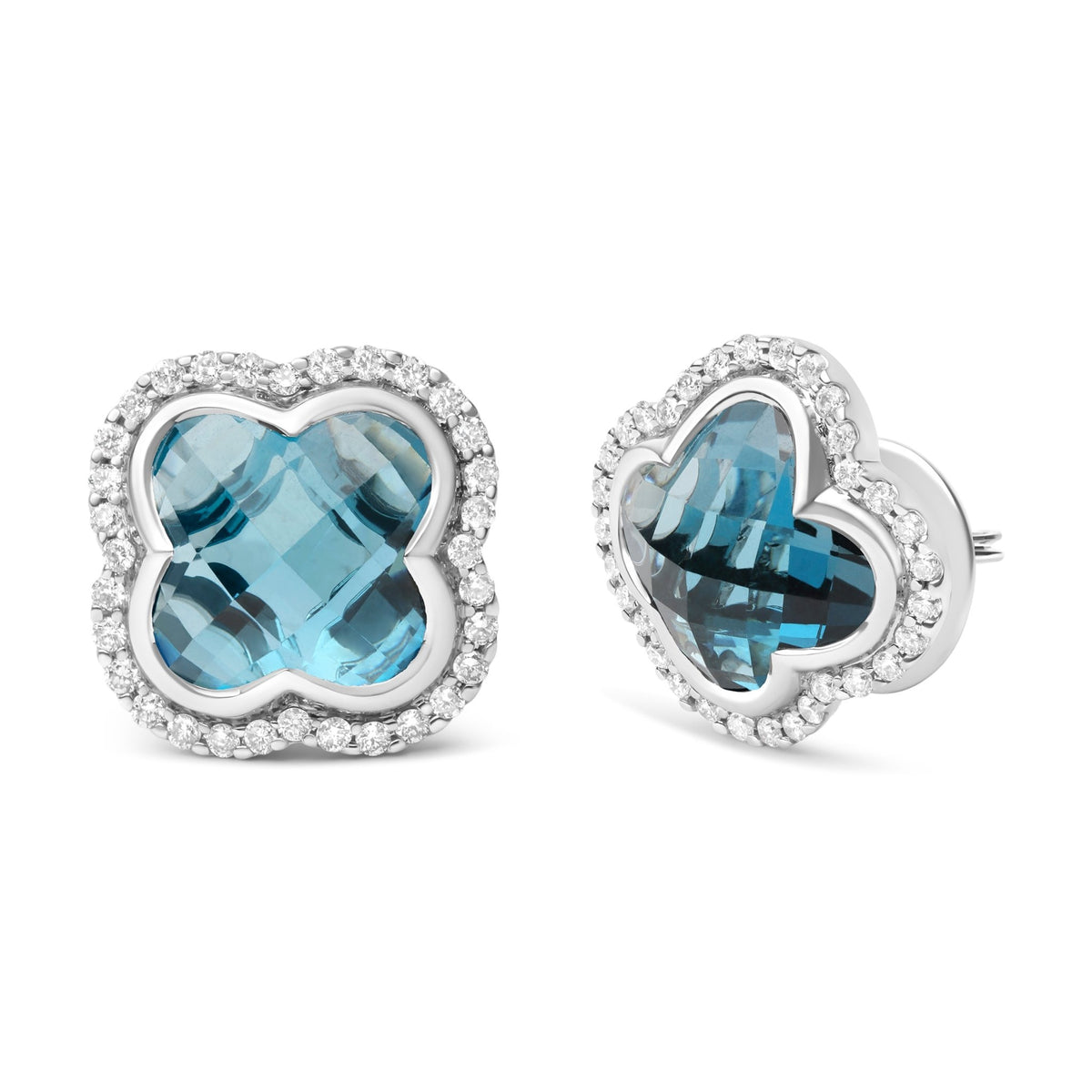 18K White Gold 3/8 Cttw Diamond and 11x11mm Clover-Cut London Blue Topaz Gemstone Halo Clover Stud Earrings (G-H Color, SI1-SI2 Clarity) - LinkagejewelrydesignLinkagejewelrydesign