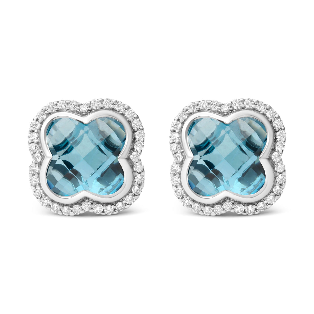 18K White Gold 3/8 Cttw Diamond and 11x11mm Clover-Cut London Blue Topaz Gemstone Halo Clover Stud Earrings (G-H Color, SI1-SI2 Clarity) - LinkagejewelrydesignLinkagejewelrydesign