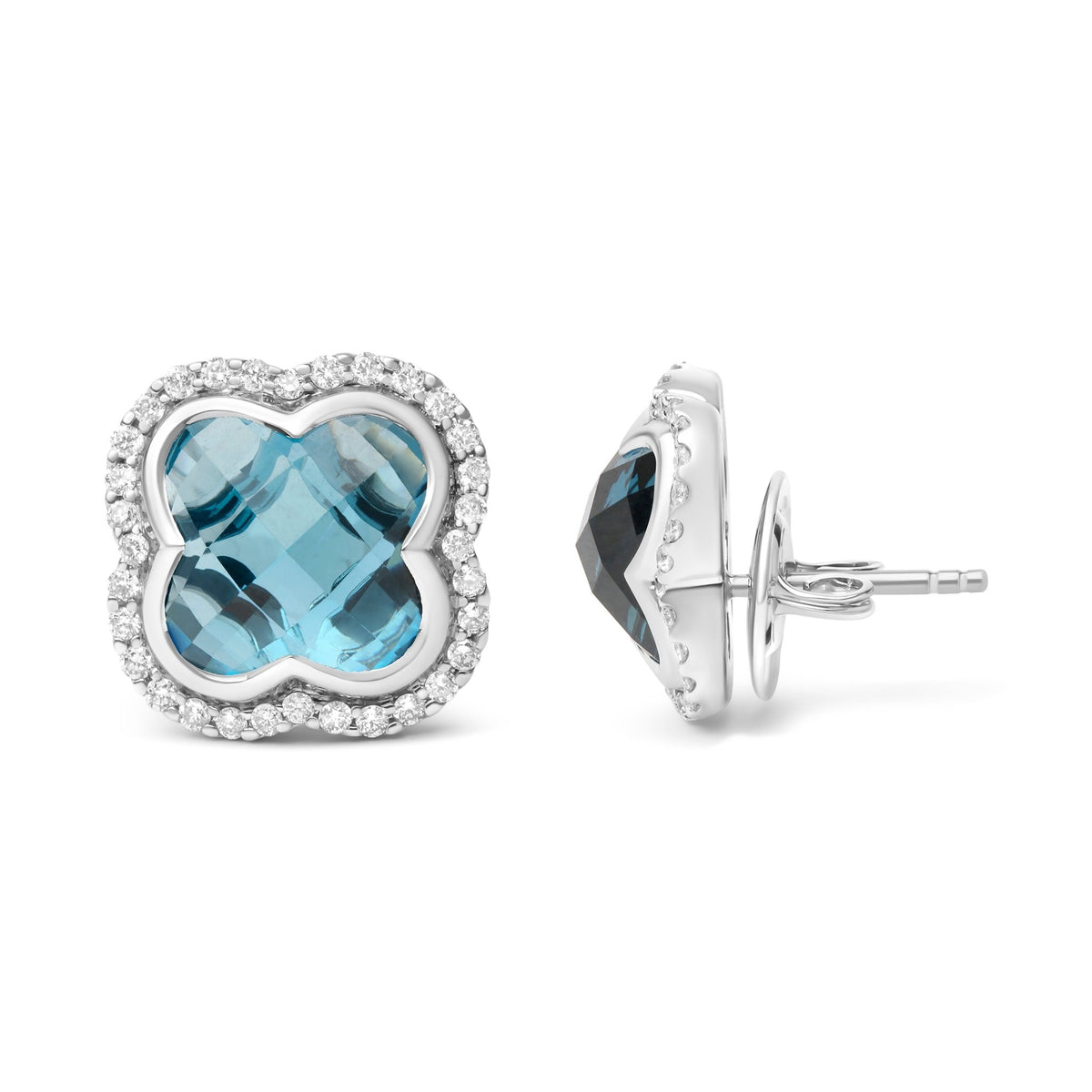 18K White Gold 3/8 Cttw Diamond and 11x11mm Clover-Cut London Blue Topaz Gemstone Halo Clover Stud Earrings (G-H Color, SI1-SI2 Clarity) - LinkagejewelrydesignLinkagejewelrydesign