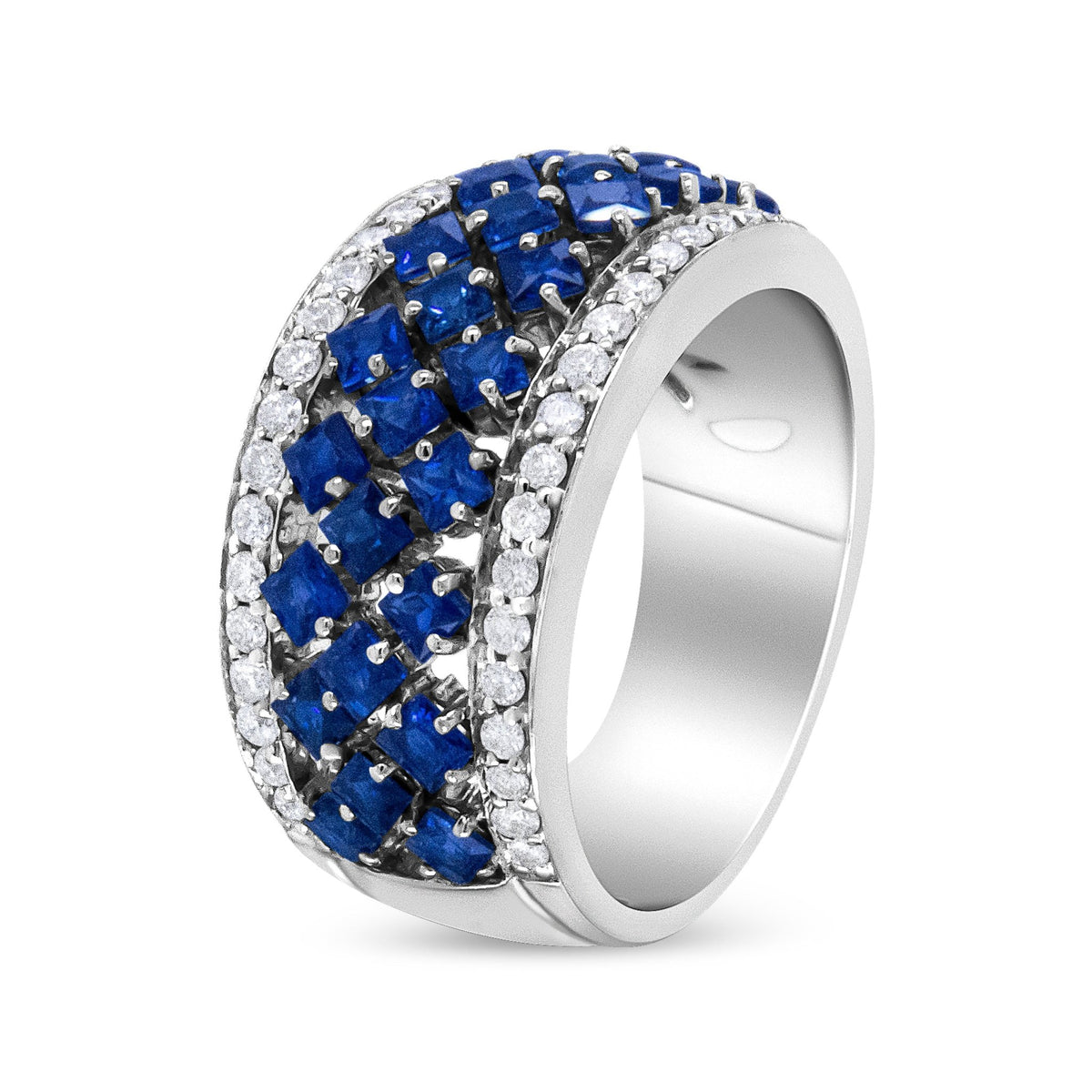 18K White Gold 3/8 Cttw Diamond and 2x2mm Princess Cut Blue Sapphire Fashion Band Ring (F-G Color, VS1-VS2 Clarity) - Size 7 - LinkagejewelrydesignLinkagejewelrydesign
