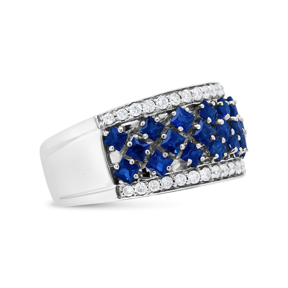 18K White Gold 3/8 Cttw Diamond and 2x2mm Princess Cut Blue Sapphire Fashion Band Ring (F-G Color, VS1-VS2 Clarity) - Size 7 - LinkagejewelrydesignLinkagejewelrydesign