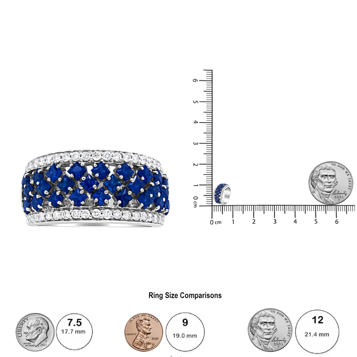 18K White Gold 3/8 Cttw Diamond and 2x2mm Princess Cut Blue Sapphire Fashion Band Ring (F-G Color, VS1-VS2 Clarity) - Size 7 - LinkagejewelrydesignLinkagejewelrydesign