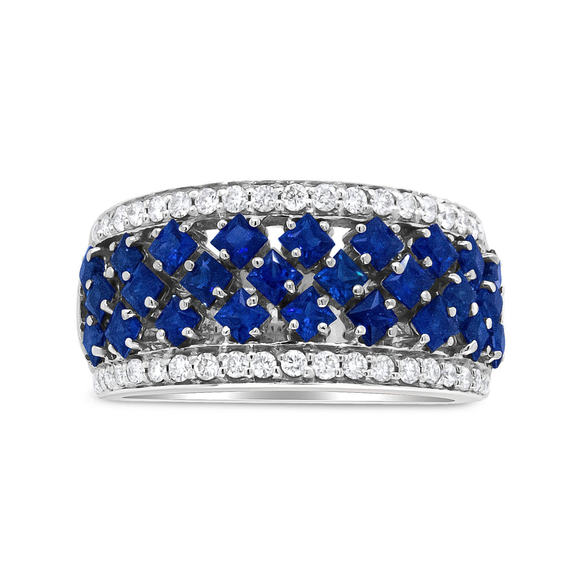 18K White Gold 3/8 Cttw Diamond and 2x2mm Princess Cut Blue Sapphire Fashion Band Ring (F-G Color, VS1-VS2 Clarity) - Size 7 - LinkagejewelrydesignLinkagejewelrydesign