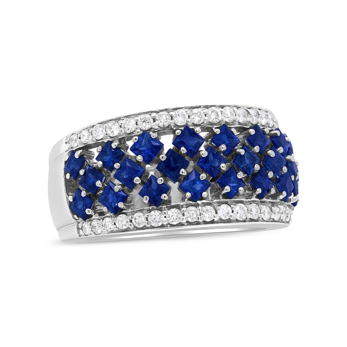 18K White Gold 3/8 Cttw Diamond and 2x2mm Princess Cut Blue Sapphire Fashion Band Ring (F-G Color, VS1-VS2 Clarity) - Size 7 - LinkagejewelrydesignLinkagejewelrydesign