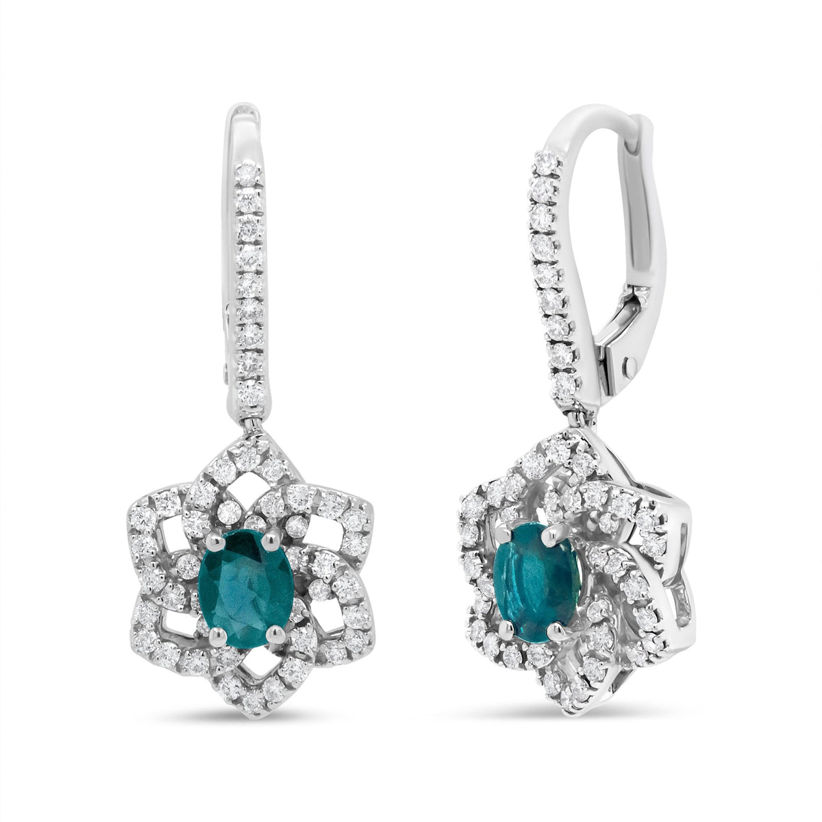 18K White Gold 3/8 Cttw Diamond and 4.94 x 3.96mm Blue Sapphire Floral Dangle Drop Earring (F-G Color, SI1-SI2 Clarity) - LinkagejewelrydesignLinkagejewelrydesign