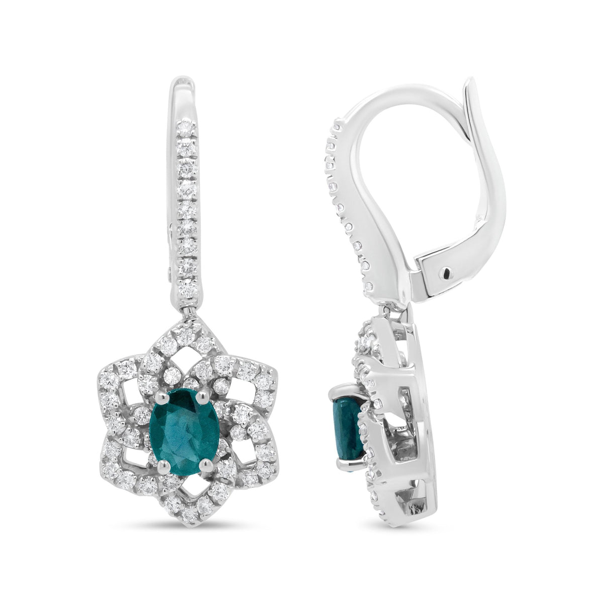 18K White Gold 3/8 Cttw Diamond and 4.94 x 3.96mm Blue Sapphire Floral Dangle Drop Earring (F-G Color, SI1-SI2 Clarity) - LinkagejewelrydesignLinkagejewelrydesign