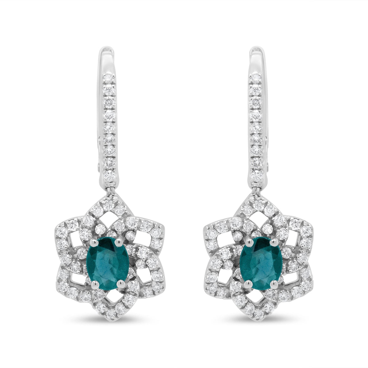 18K White Gold 3/8 Cttw Diamond and 4.94 x 3.96mm Blue Sapphire Floral Dangle Drop Earring (F-G Color, SI1-SI2 Clarity) - LinkagejewelrydesignLinkagejewelrydesign