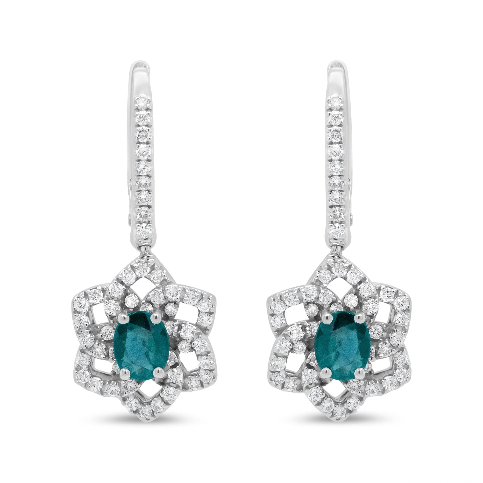 18K White Gold 3/8 Cttw Diamond and 4.94 x 3.96mm Blue Sapphire Floral Dangle Drop Earring (F-G Color, SI1-SI2 Clarity) - LinkagejewelrydesignLinkagejewelrydesign