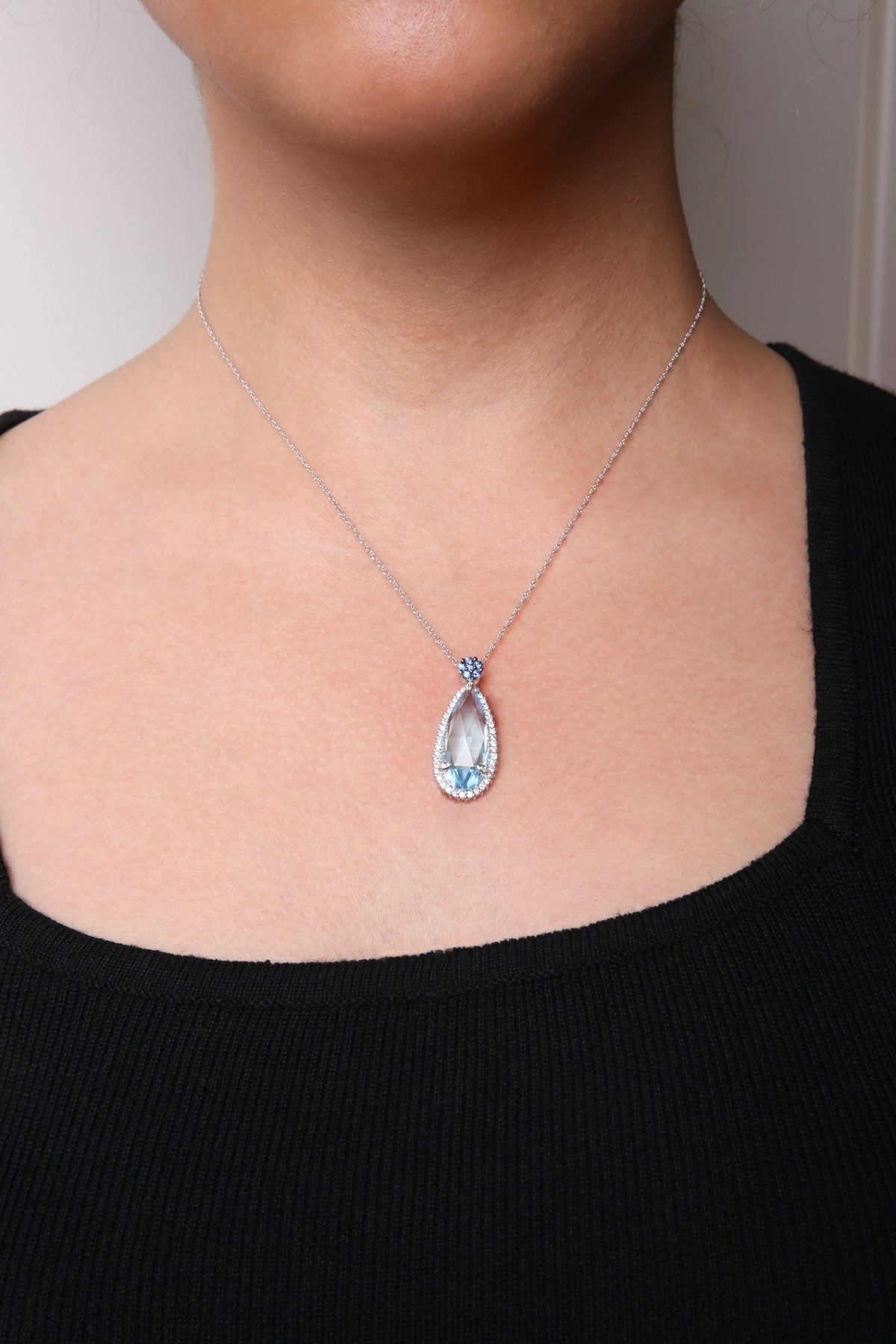 18K White Gold 3/8 Cttw Pave Set Diamond and Sky Blue Topaz and Blue Sapphire Gemstone Floral Teardrop Halo 18&quot; Pendant Necklace (G-H Color, SI2-I1 Clarity) - LinkagejewelrydesignLinkagejewelrydesign
