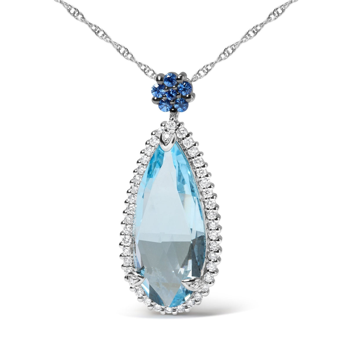 18K White Gold 3/8 Cttw Pave Set Diamond and Sky Blue Topaz and Blue Sapphire Gemstone Floral Teardrop Halo 18&quot; Pendant Necklace (G-H Color, SI2-I1 Clarity) - LinkagejewelrydesignLinkagejewelrydesign